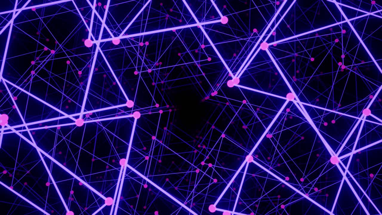 3D rendering of glowing pink dot connected with blue lines rotating seamlessly