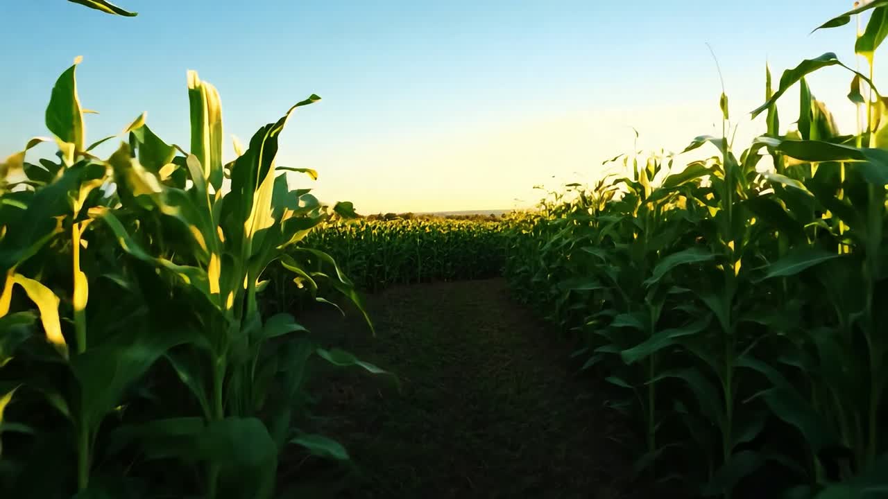 un camino a través de un campo de maíz al atardecer
