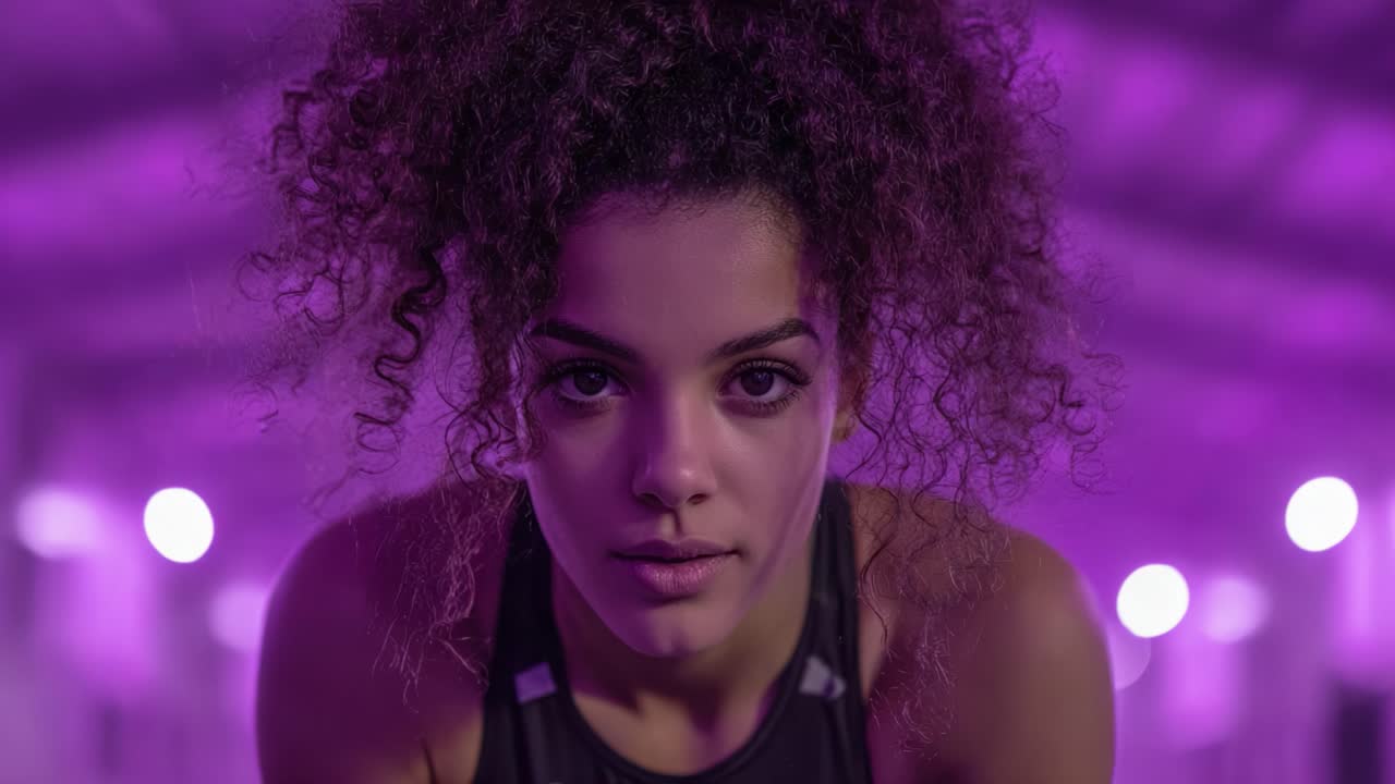 En målrettet atlet, der udstråler fokus og styrke, fanget i dynamisk højspændingsbelysning, der understreger hendes dedikation og passion for fitness i et moderne træningsmiljø.
