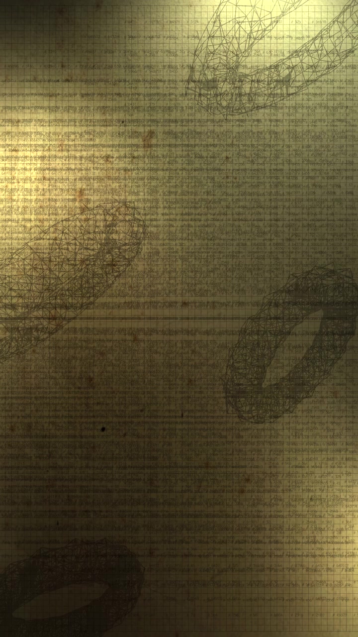 Sottili forme ad anello geometriche a wireframe che fluttuano su uno sfondo a matrice densa di elenchi matematici su carta color oro. Adatto per progetti di teoria algoritmica, portfolio di design tecnologico di lusso, a