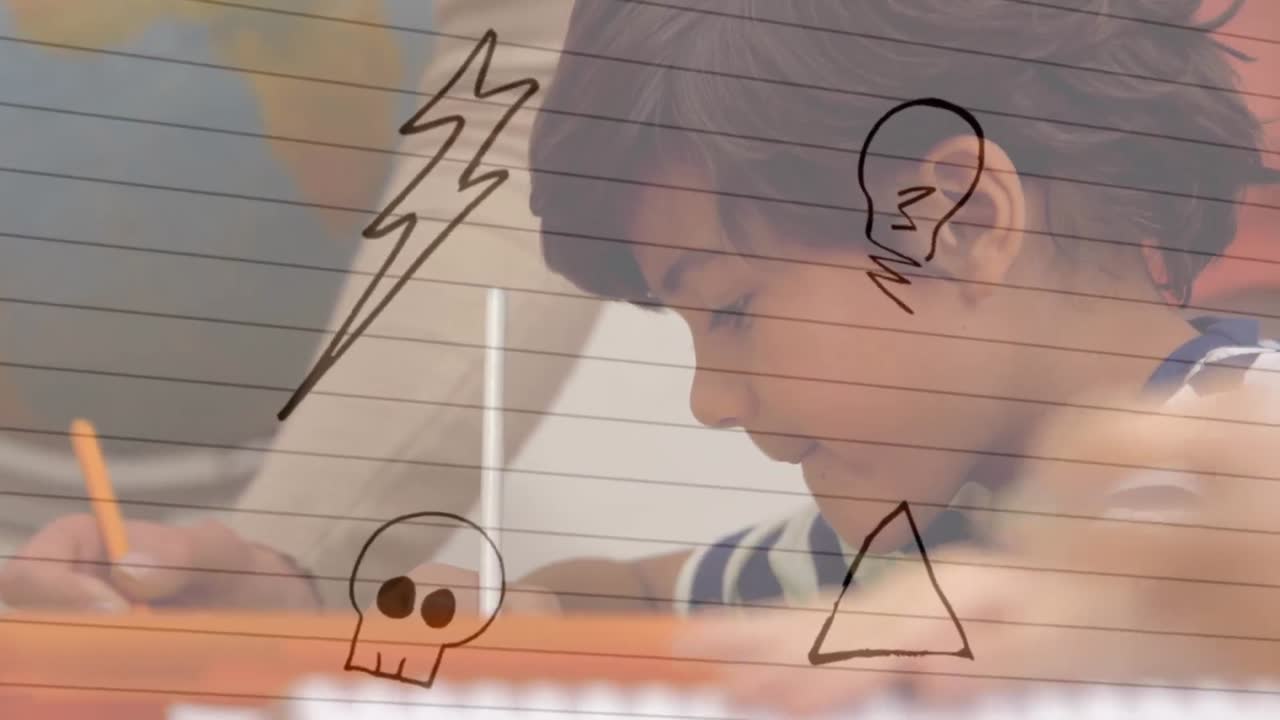 학교에서 수업 중인 두 인종의 학교 소년 위에 떨어지는 아이콘의 애니메이션