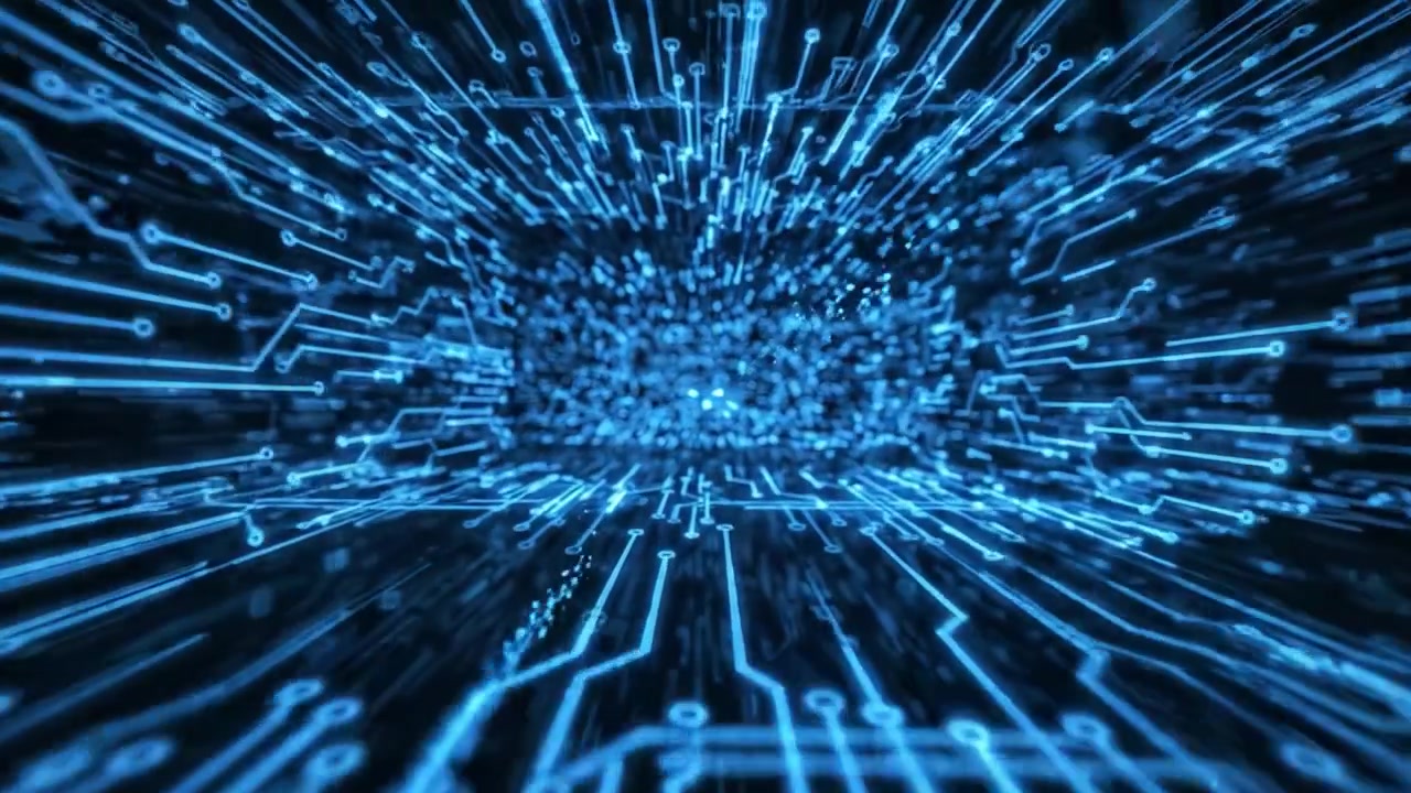Dynamisk digitalt landskab: En levende udforskning af abstrakt blåt kredsløb, der repræsenterer fusionen af teknologi og innovation i et futuristisk miljø
