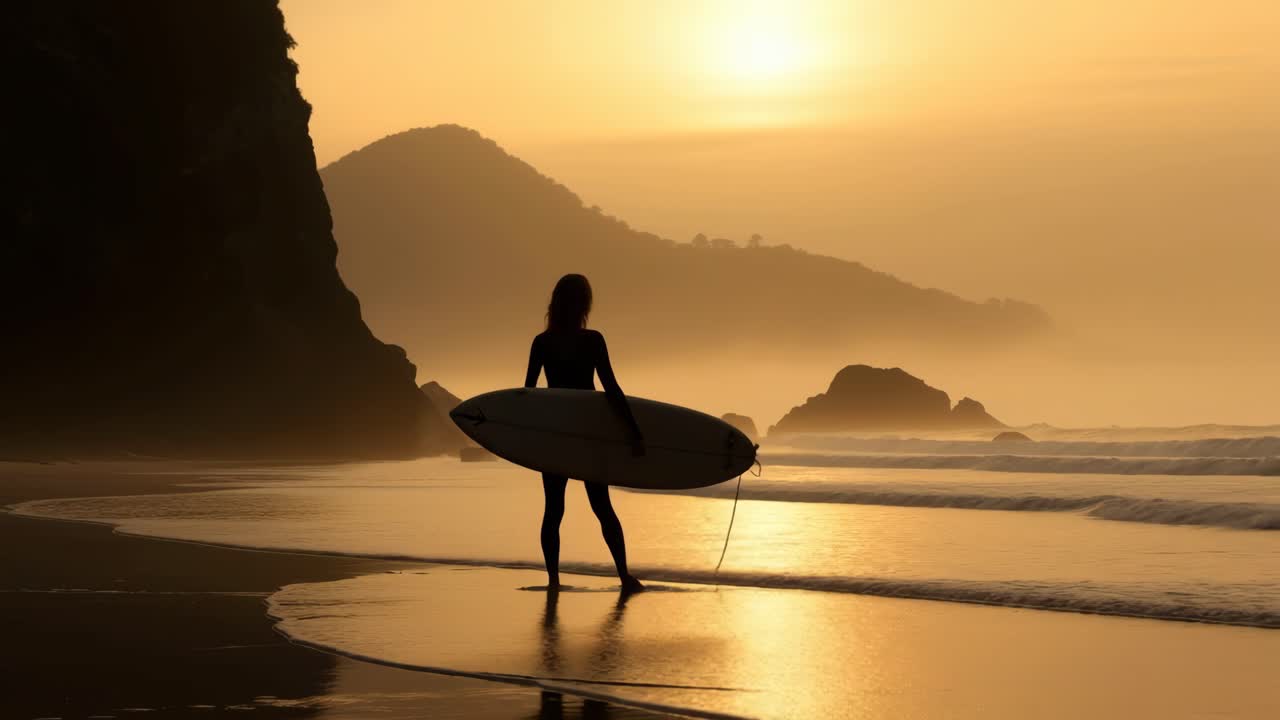 Silhouette di un surfista che cammina lungo una spiaggia al tramonto, ripresa da un angolo basso