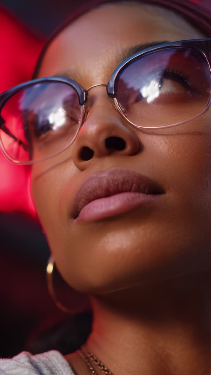 Close-Up Portrait of a Young Woman with Stylish Glasses, Highlighting Her Facial Features Against a Vibrant Red Background in a Creative Lighting Setup