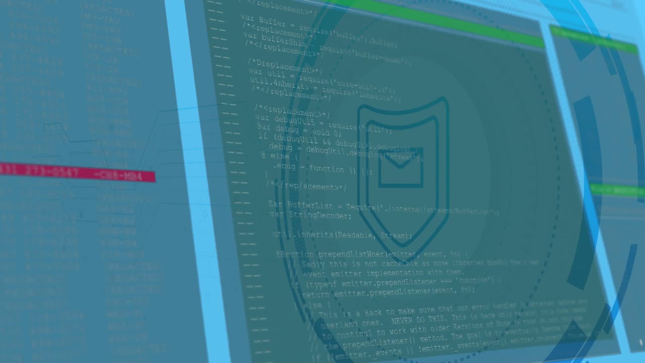 animación del icono del escudo sobre el procesamiento de datos en fondo azul