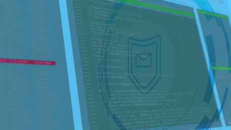 animation of shield icon over data processing on blue background