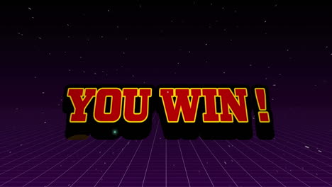 animation of you win text in red letters over grid on purple background