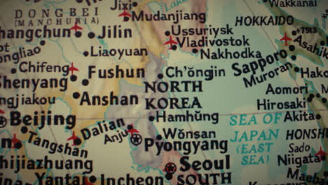 close-up of a map focused on north korea and surrounding east asian countries