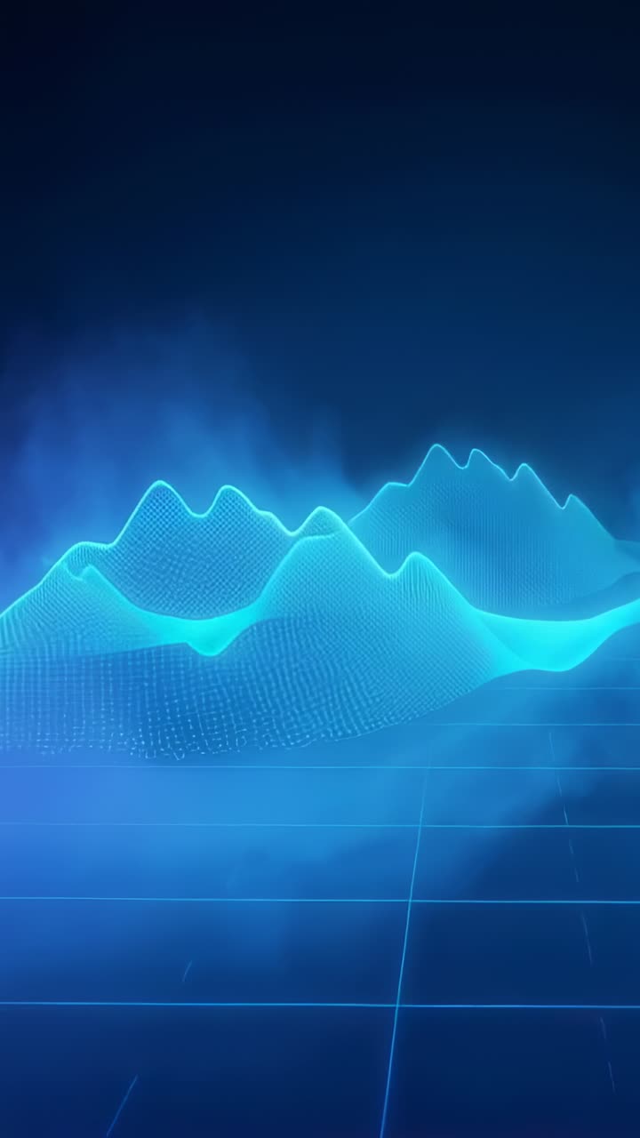 Vertical video: Rising blue wireframe mesh forming pulsing peaks over grid with mist, showing data