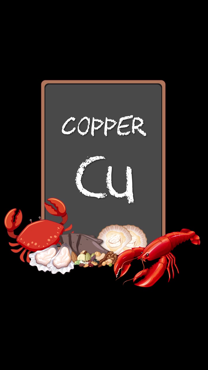 Tavola minerale di rame verticale gradualmente circondata da ingredienti di mare animati su sfondo nero