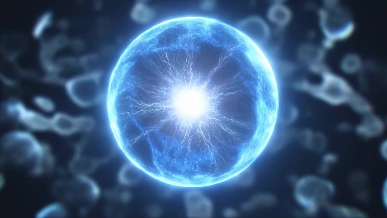 Globo cellulare blu luminoso pulsante di energia, filamenti elettrici che si irradiano da un nucleo brillante, sfocato