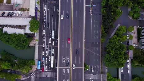 overhead shot of city traffic of hangzhou highway bridge, china