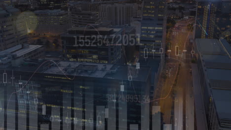 animation of financial data processing over cityscape