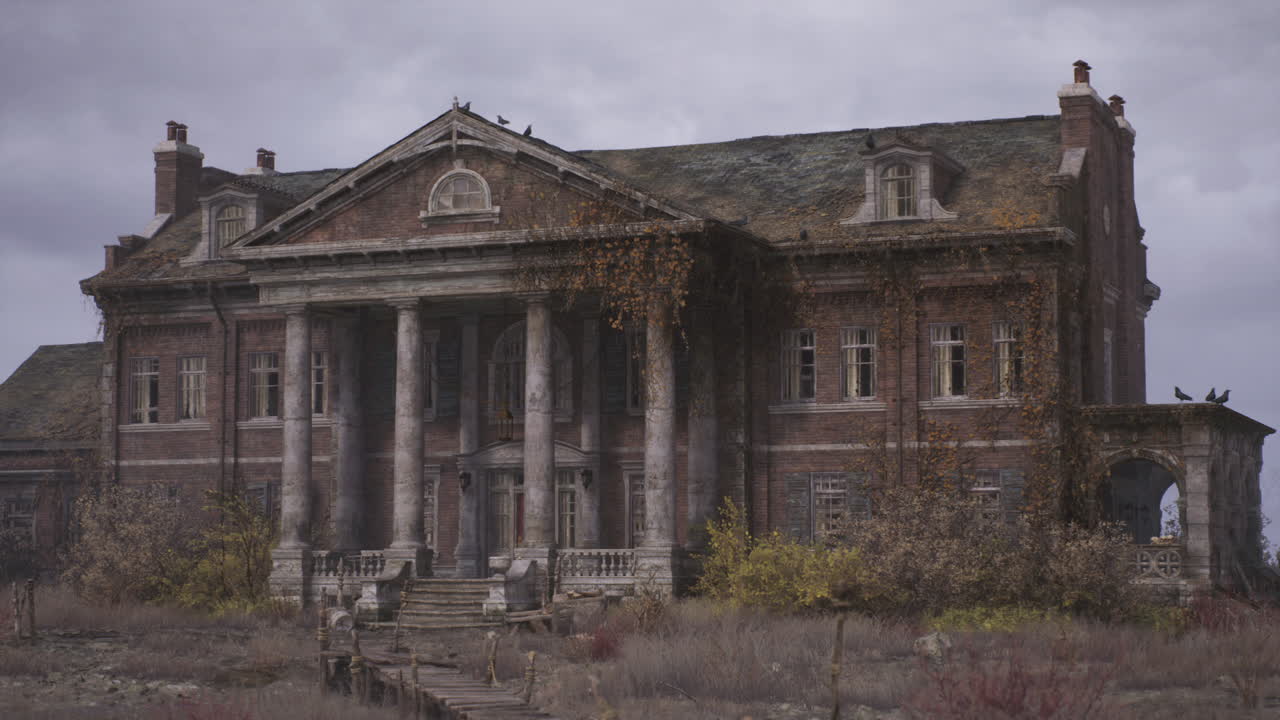 Abandoned mansion with overgrown garden and dramatic sky at dusk