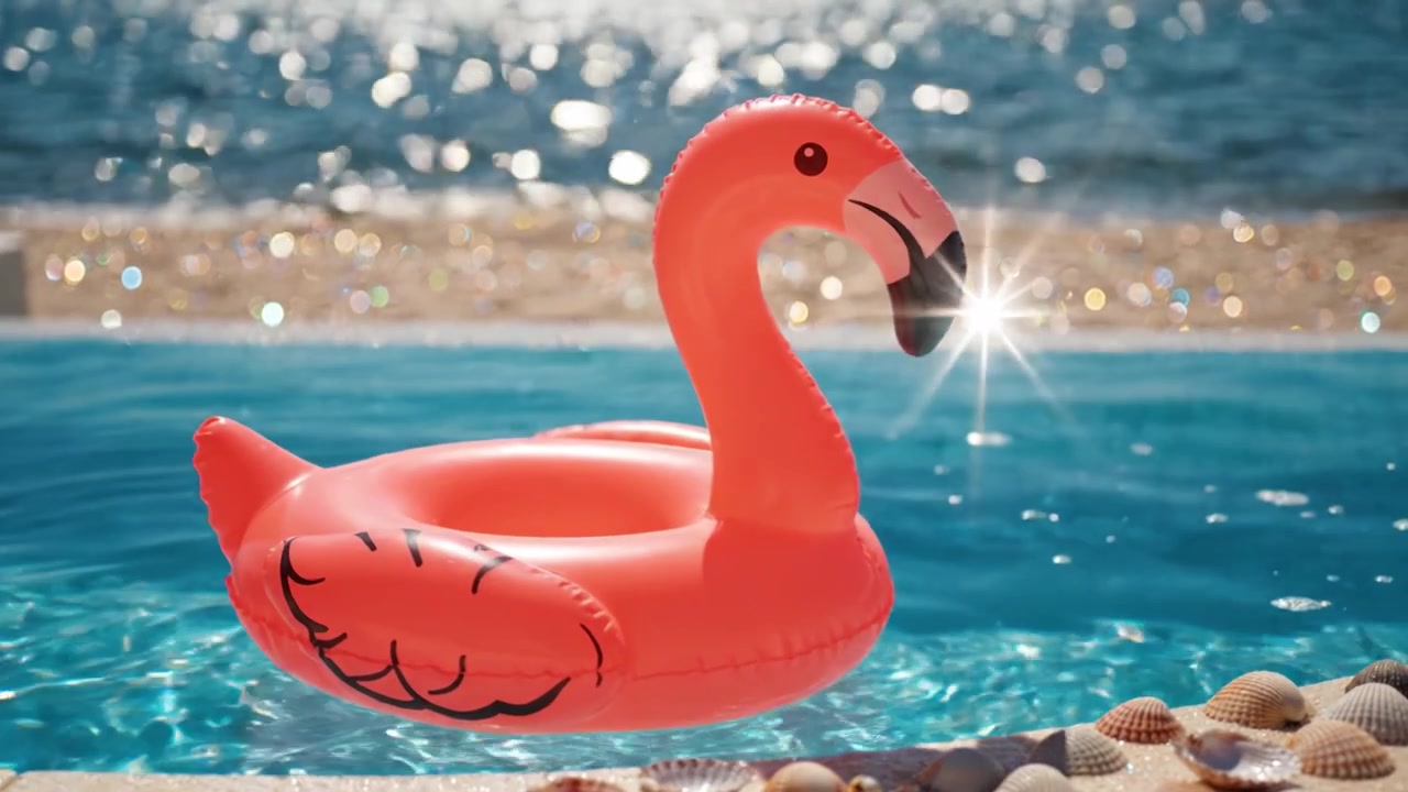 Um Flamingo Inflável Vibrante Repousa numa Piscina Azul Brilhante Rodeado por Água Cintilante e Conchas, Capturando uma Vibe de Verão Perfeita e uma Atmosfera Relaxante