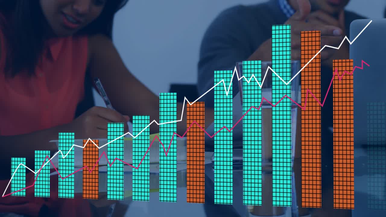 Woman writing notes and man gesturing laptop, generating popping finance combo chart showing trends