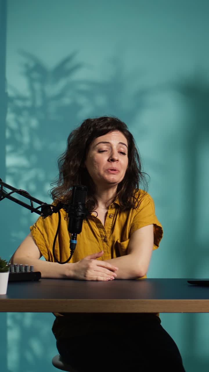 Glad kvinde taler og gestikulerer, mens hun er vært for en podcast