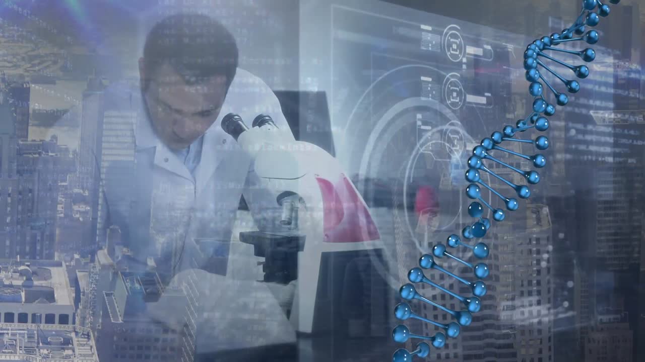 animación de la cadena de adn y procesamiento de datos sobre un médico masculino biracial