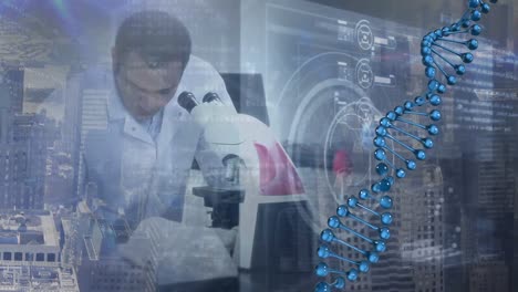 animation of dna strand and data processing over biracial male doctor