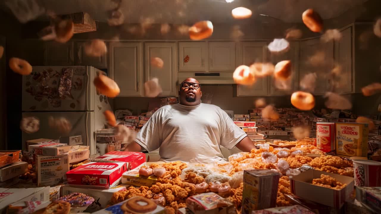 A surreal scene unfolds as a man sits serenely amidst a chaotic whirlwind of flying snacks and takeout boxes in a cluttered kitchen filled with excess food