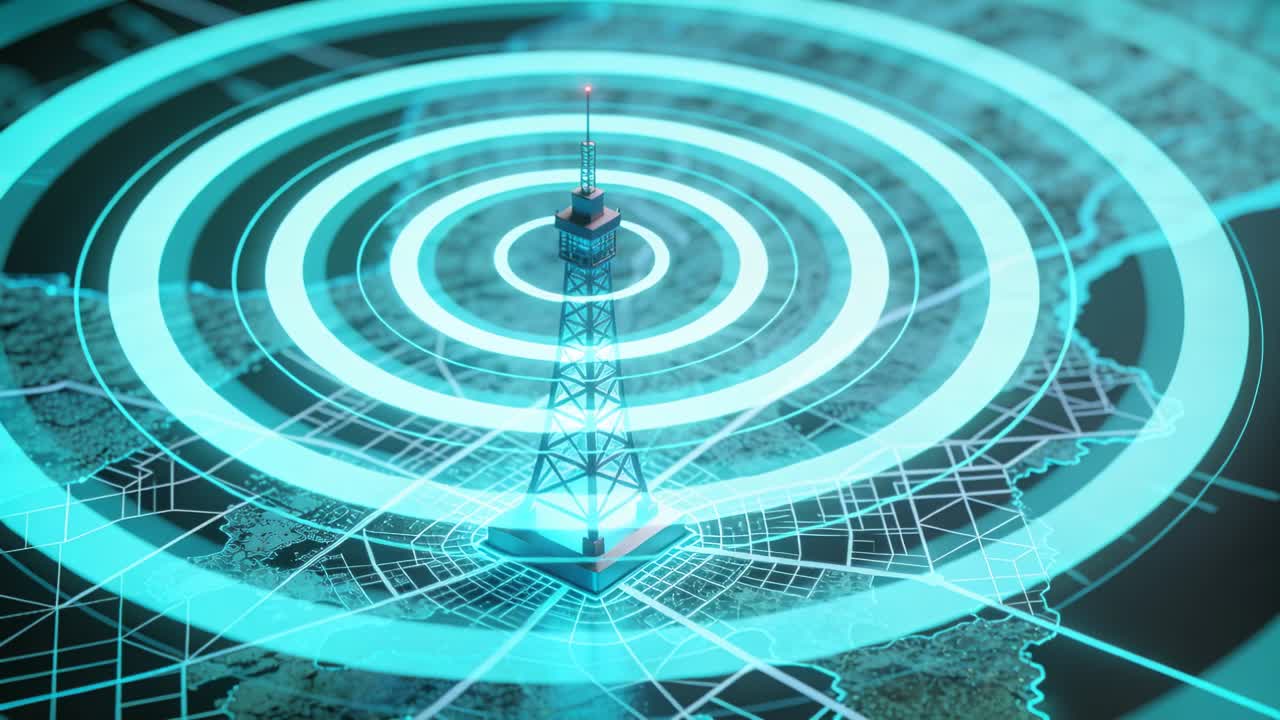 Faro rosso pulsante di un'antenna cellulare emette anelli ciano crescenti su una mappa per la copertura, partendo dalla base.