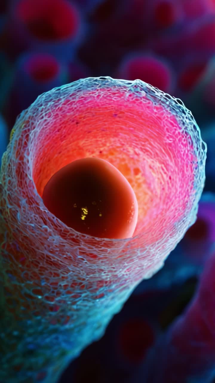 Accattivante primo piano di strutture cellulari microscopiche che mostrano colori vivaci e motivi intricati in contesti biologici di vita e crescita