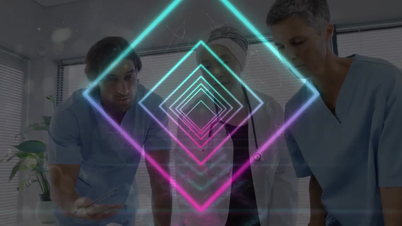 Animation of shapes over diverse doctors using laptop