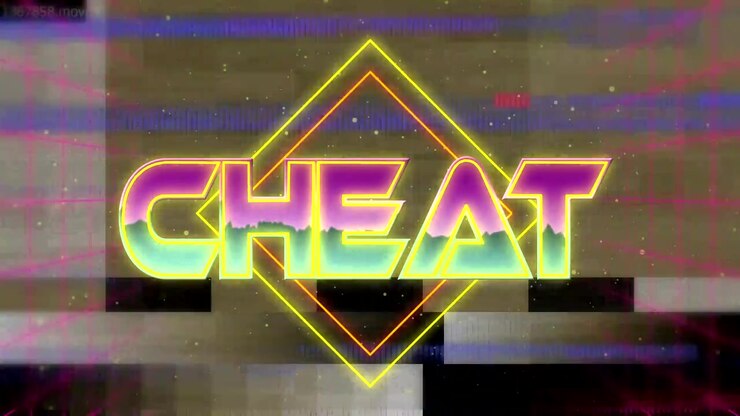 Flipping neon-styled CHEAT text shifting to gradient on digital glitch background, with diamond
