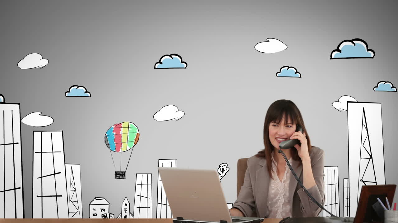 애니메이션 도시 앞에서 일하는 미소 짓는 사업가