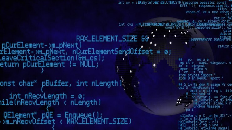 Animation einer sich drehenden Weltkugel und Datenverarbeitung auf blauem Hintergrund