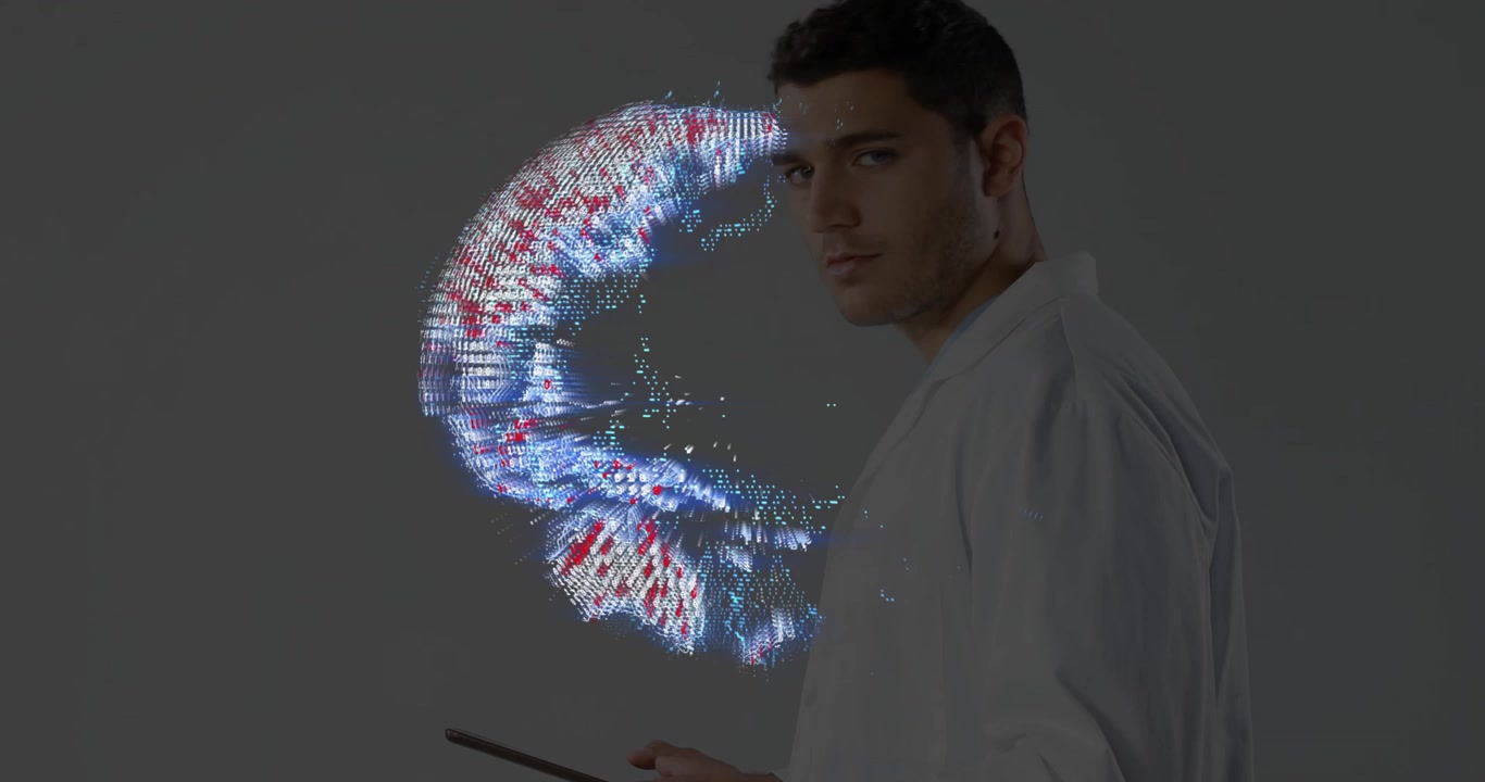 Ricercatore tecnologico che tocca un tablet animando un globo 3D in un nastro pulsante su uno sfondo grigio.