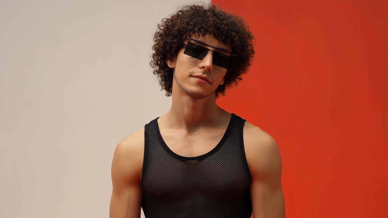 Young man with curly hair and sunglasses wearing a black mesh tank top in a studio with a red and white background