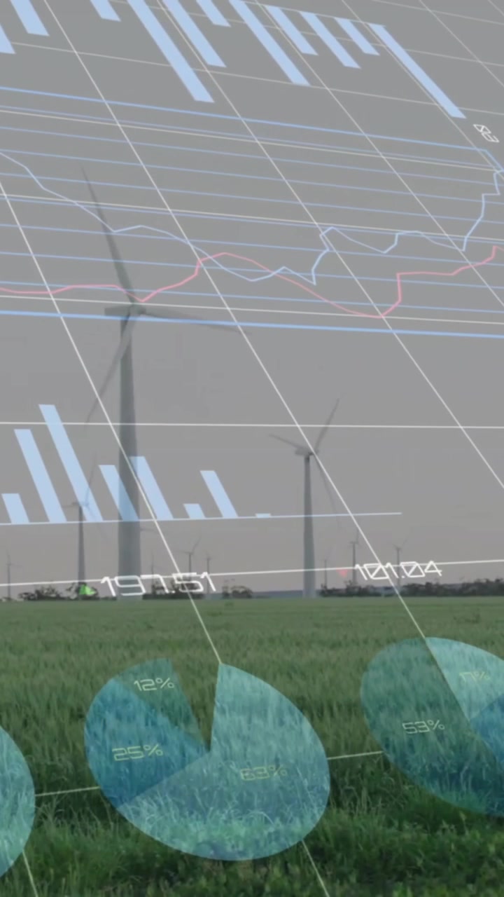 Animazione di elaborazione di dati finanziari su turbine eoliche.