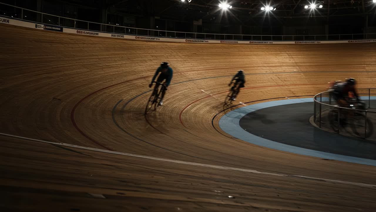 Dynamic Cyclists Racing on a Velodrome Track with Dramatic Lighting and Smooth Curves Capturing the Essence of Competitive Cycling Spirit