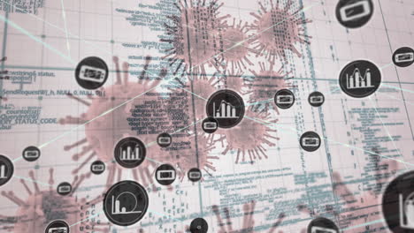 network of digital icons and data processing over multiple covid-19 cells on pink background