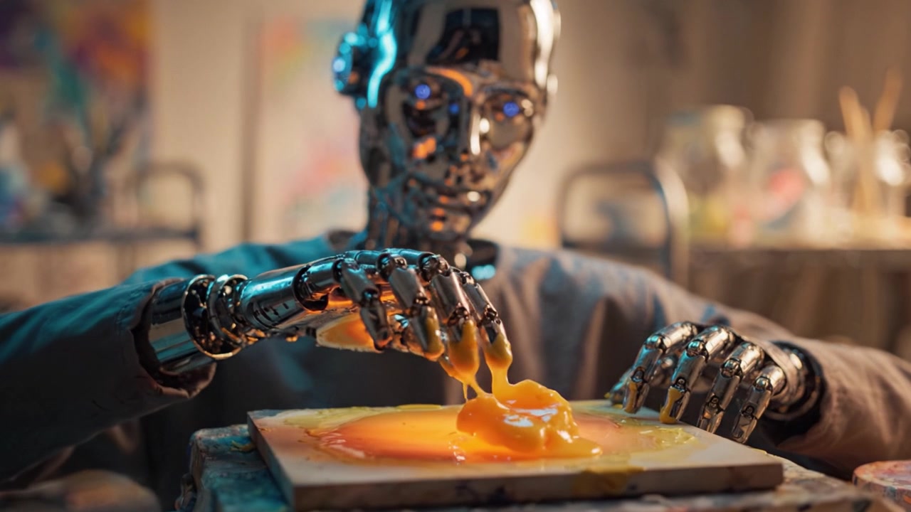 A Futuristic Robot Artist Skillfully Creates a Masterpiece with Vivid Colors and Delicate Precision in a Modern Creative Workspace Environment