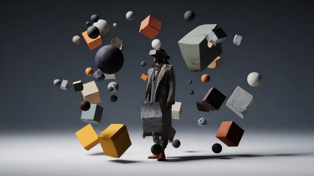 A virtual reality explorer is immersed in a surreal world of floating geometric shapes and textures, showcasing the intersection of technology, art, and creativity in a visually stunning experience