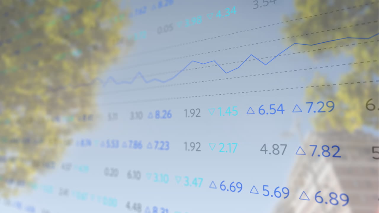 Animation of financial data processing over cityscape