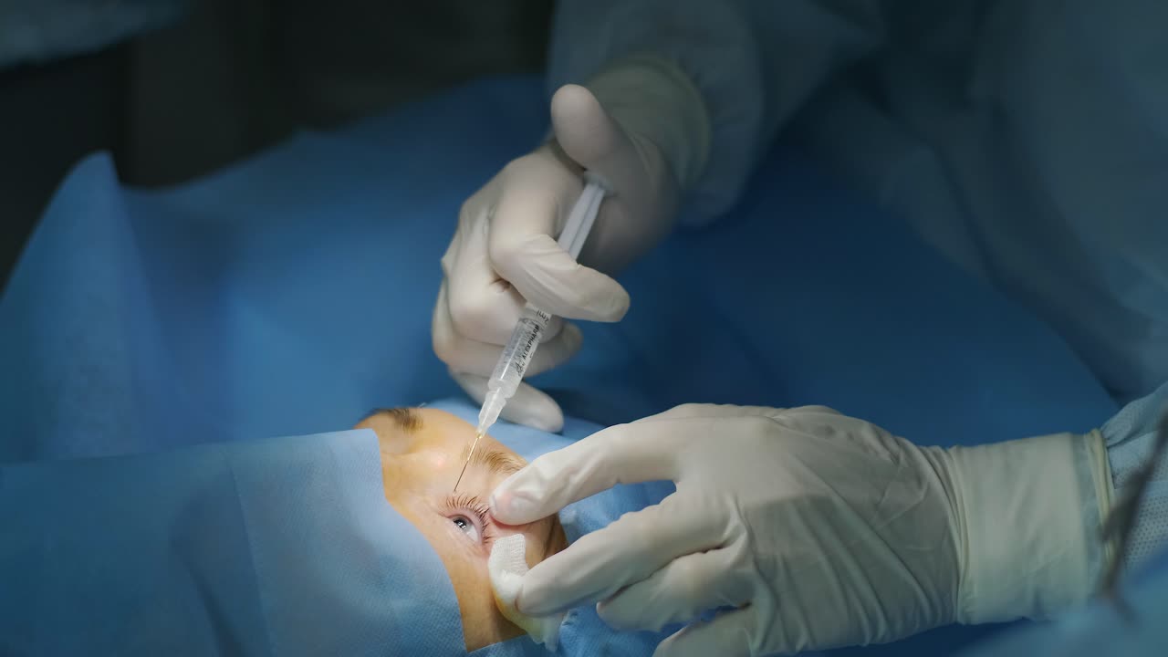 corrección de la visión con láser. un paciente y un equipo de cirujanos en la sala de operaciones durante una cirugía oftalmológica. especulo del párpado. tratamiento de lasik. paciente bajo una cubierta estéril