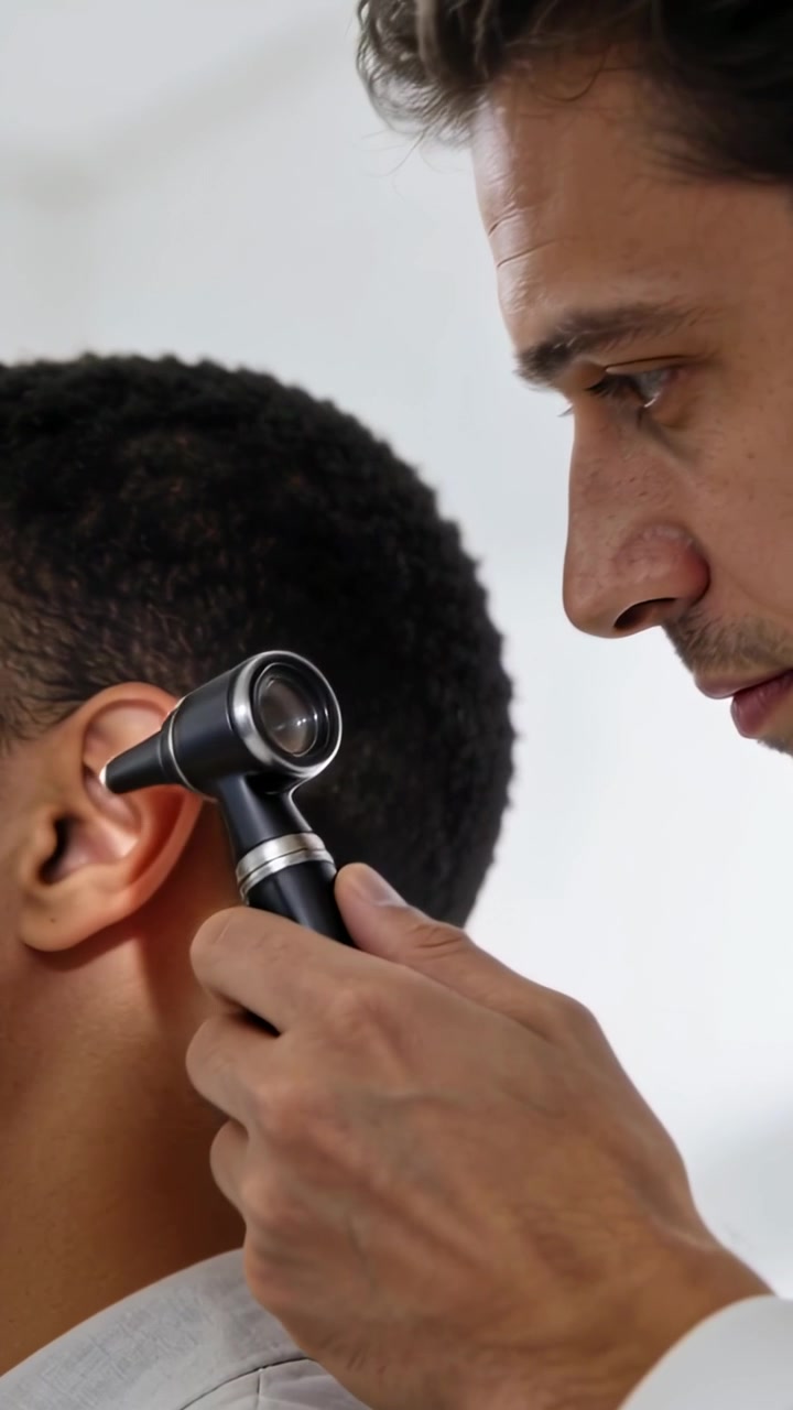 Video verticale: Medico in camice bianco che posiziona un otoscopio e ispeziona l'orecchio sinistro in clinica
