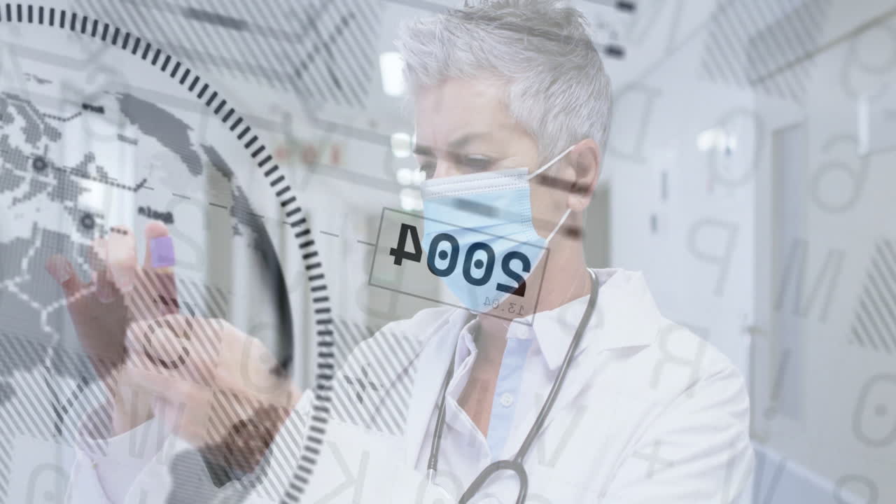 Analyzing data on futuristic digital interface, medical professional focused on work