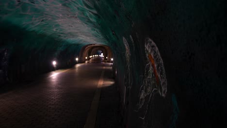 underwater-themed tunnel mural in laredo with jellyfish and wave art lit by warm ambient lighting