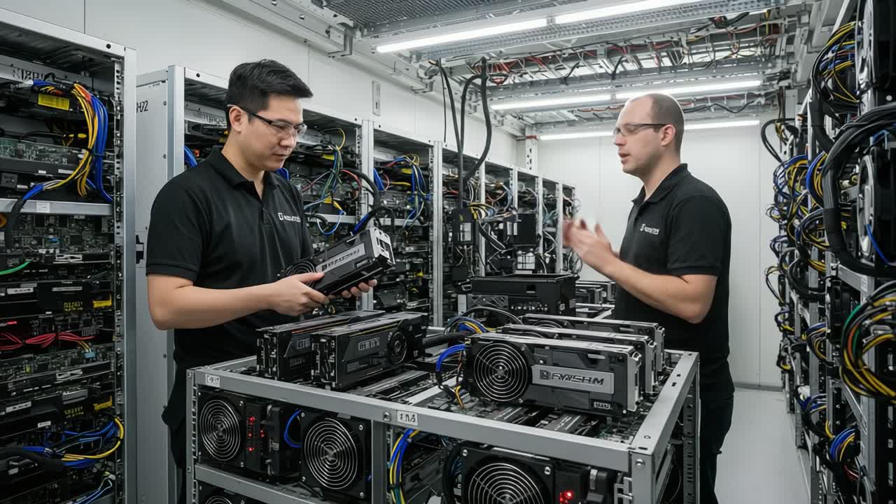 Technicians Collaborating in a Data Center, Performing Maintenance and Setting Up Graphics Cards in High-Performance Computing Systems for Enhanced Processing Power