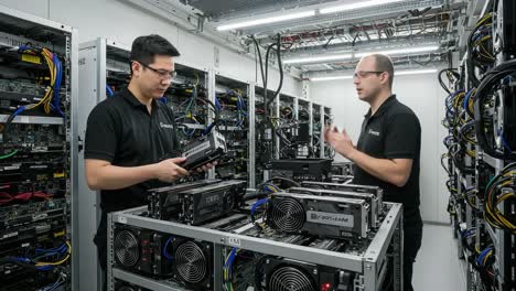 technicians collaborating in a data center, performing maintenance and setting up graphics cards in high-performance computing systems for enhanced processing power