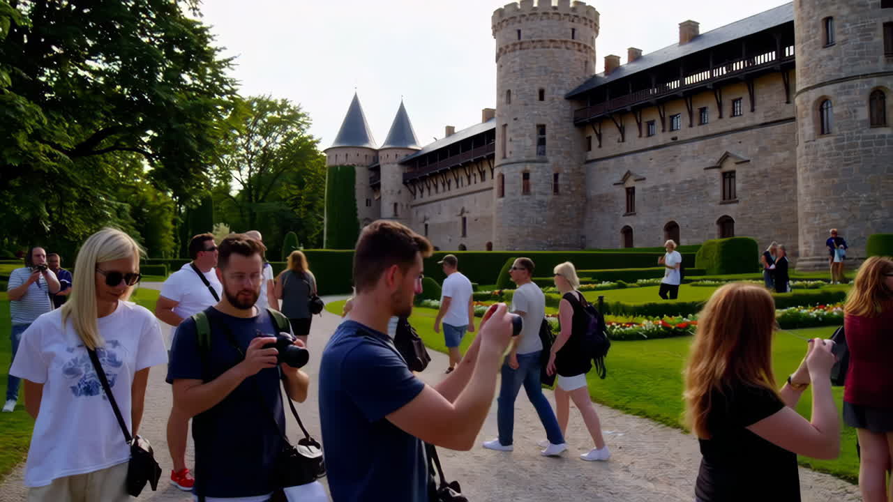 Tourists exploring a beautiful medieval castle