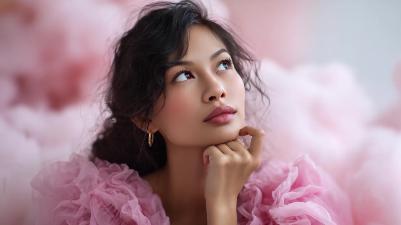 Un momento contemplativo catturato in tenui toni pastello, che mostra una giovane donna con un'espressione aggraziata su uno sfondo di soffici texture rosa