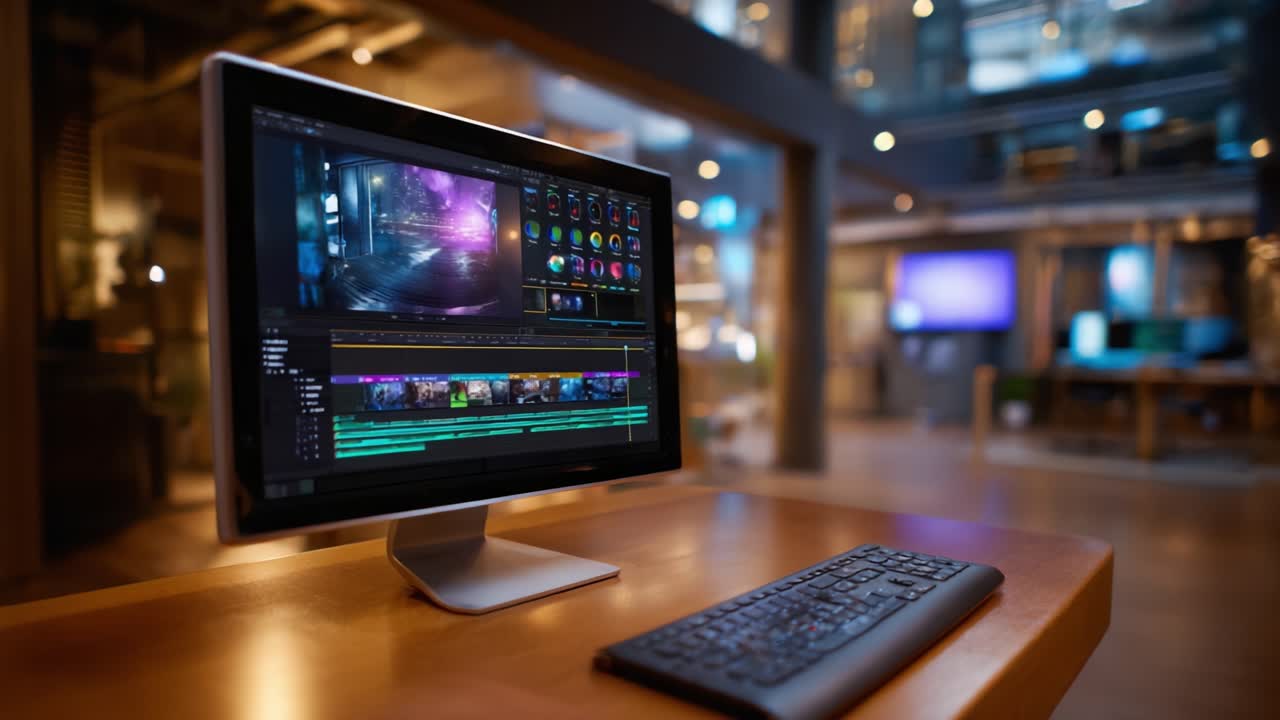 Pengaturan Editor video Tingkat Lanjut: Ruang kerja modern yang menampilkan komputer dengan perangkat lunak editor penuh warna dan lingkungan yang terorganisir untuk para profesional kreatif