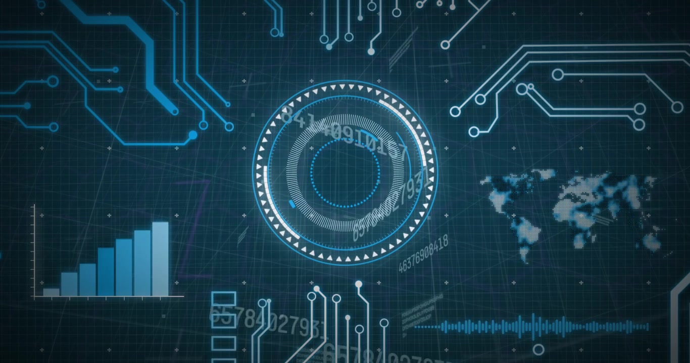Animation of data processing, scope scanning and computer circuit board