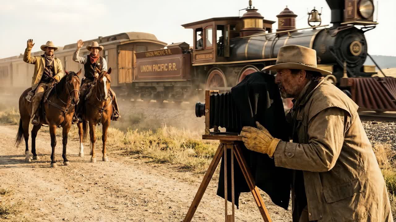 Scena del vecchio West con cowboy, fotografo e treno