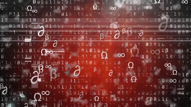 Animation of mathematical symbols and binary coding over red background